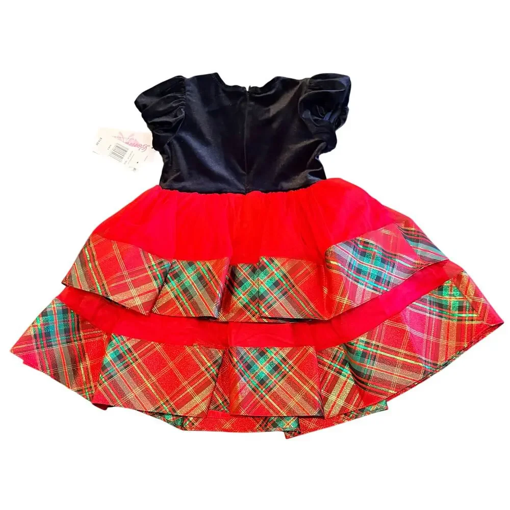 Bonnie Jean Red Velvet & Plaid Tiered Holiday Dress Girls New Christmas Size 4